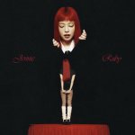 JENNIE with vibrant red hair against a dark background on the 'Ruby' album cover.