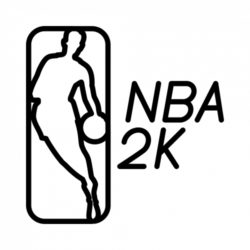 NBA 2K logo. Outline of a man dribbling a ball surrounded by a black box. The words "NBA 2K" Are printed on the right.