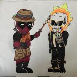 A drawing of Deadpool roasting marshmallows on Ghost Rider's head