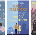 Three illustrated romance book covers side by side. From left to right: The Love Hypothesis by Ali Hazelwood features a woman and a man in lab coats kissing, with science equipment in the background. Part of Your World by Abby Jimenez shows a man and a woman holding hands while facing each other, with a goat nearby and a barn on one side and a city skyline on the other. At First Spite by Olivia Dade displays a confident woman in a white floral dress standing beside a stern-looking man in a dark suit, set against a backdrop of urban apartment buildings at dusk.