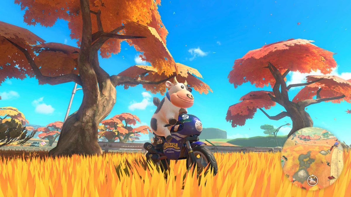 Cow on a motorcycle sitting in a grassy field in a fall setting, off track