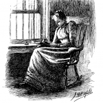 Black and white image of a woman sitting in a chair next to a window, writing.