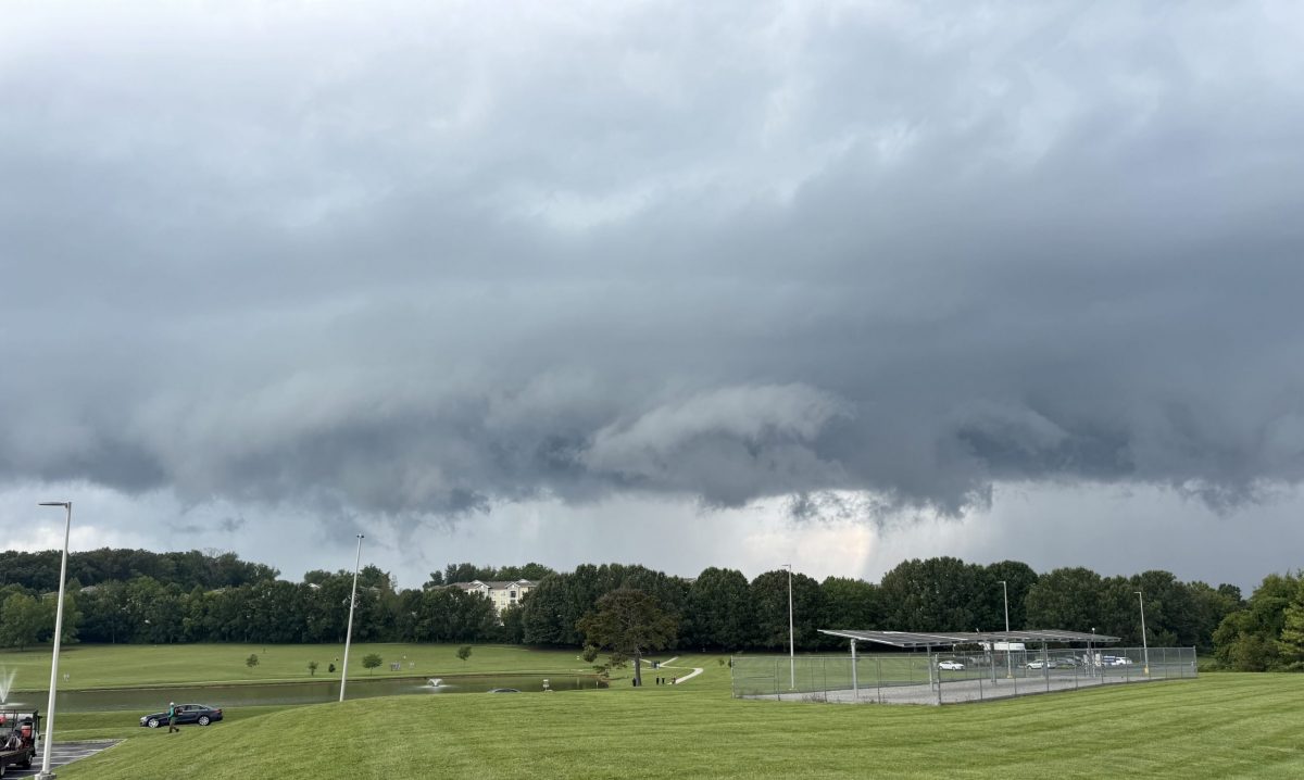 Dark storm clouds fill the sky.