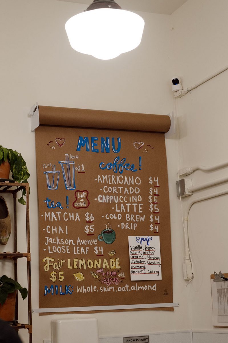 Menu displaying the coffee choices at Camp Honey Coffee, including syrups, milks, and teas