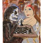 A painting of death playing chess with an obscure lady.