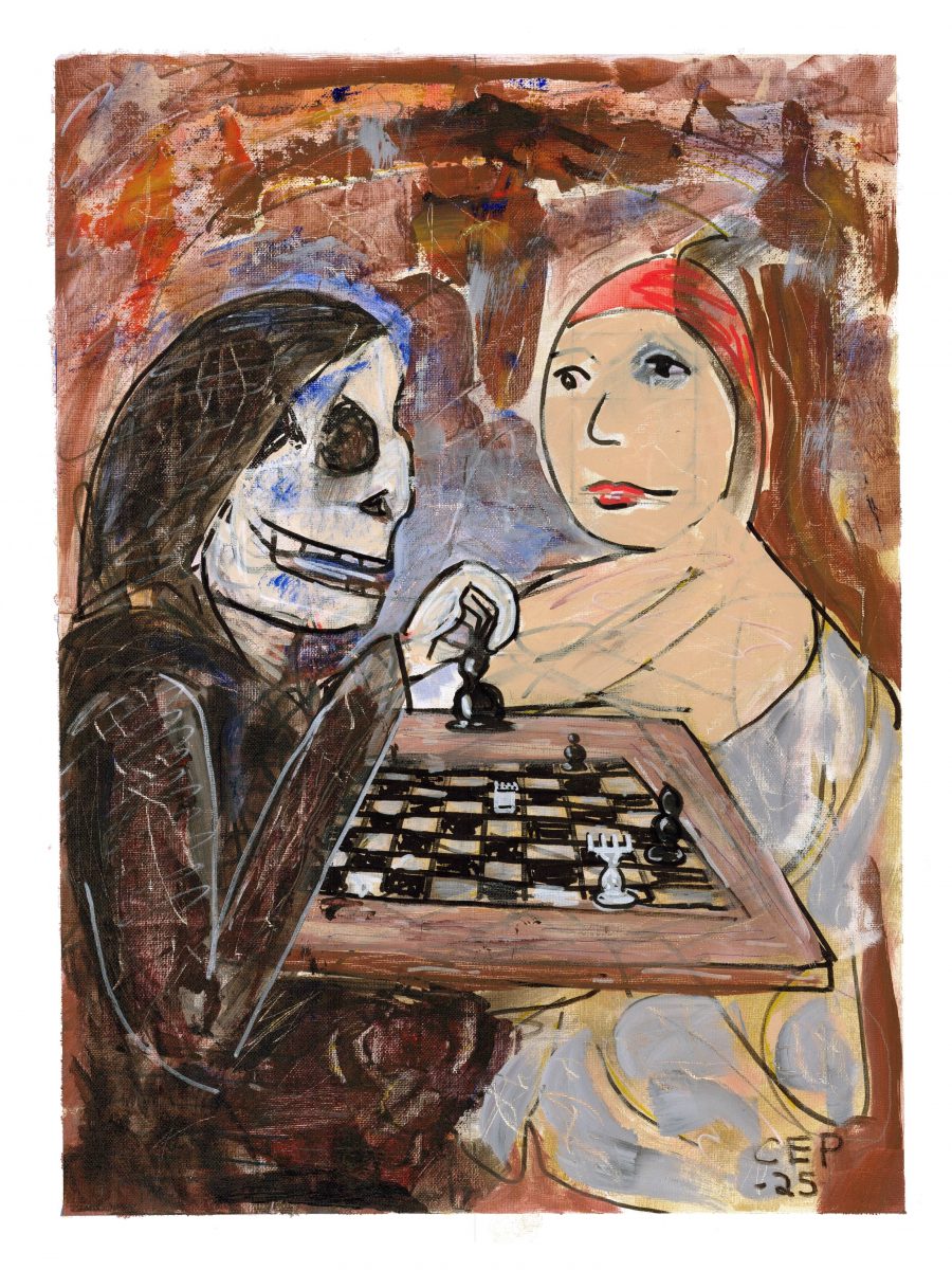 A painting of death playing chess with an obscure lady.