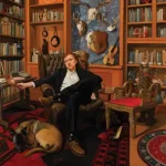 Album cover "Snipe Hunter" by Tyler Childers featuring a cartoon Tyler Childers sitting in a chair in a library room with a dog.
