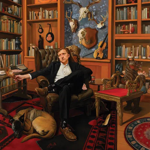 Album cover "Snipe Hunter" by Tyler Childers featuring a cartoon Tyler Childers sitting in a chair in a library room with a dog.