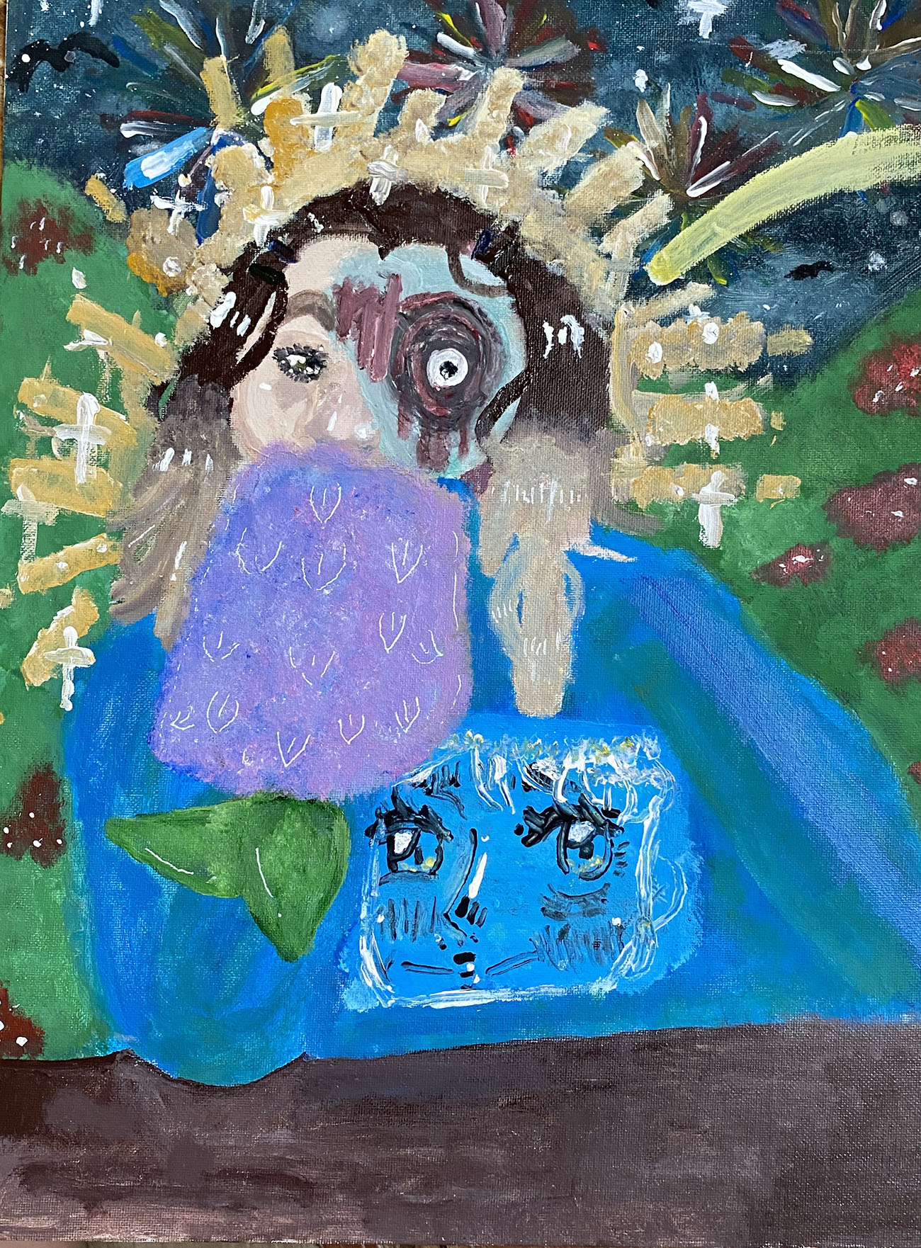 Acrylic painting of a man with a star-filled crown.