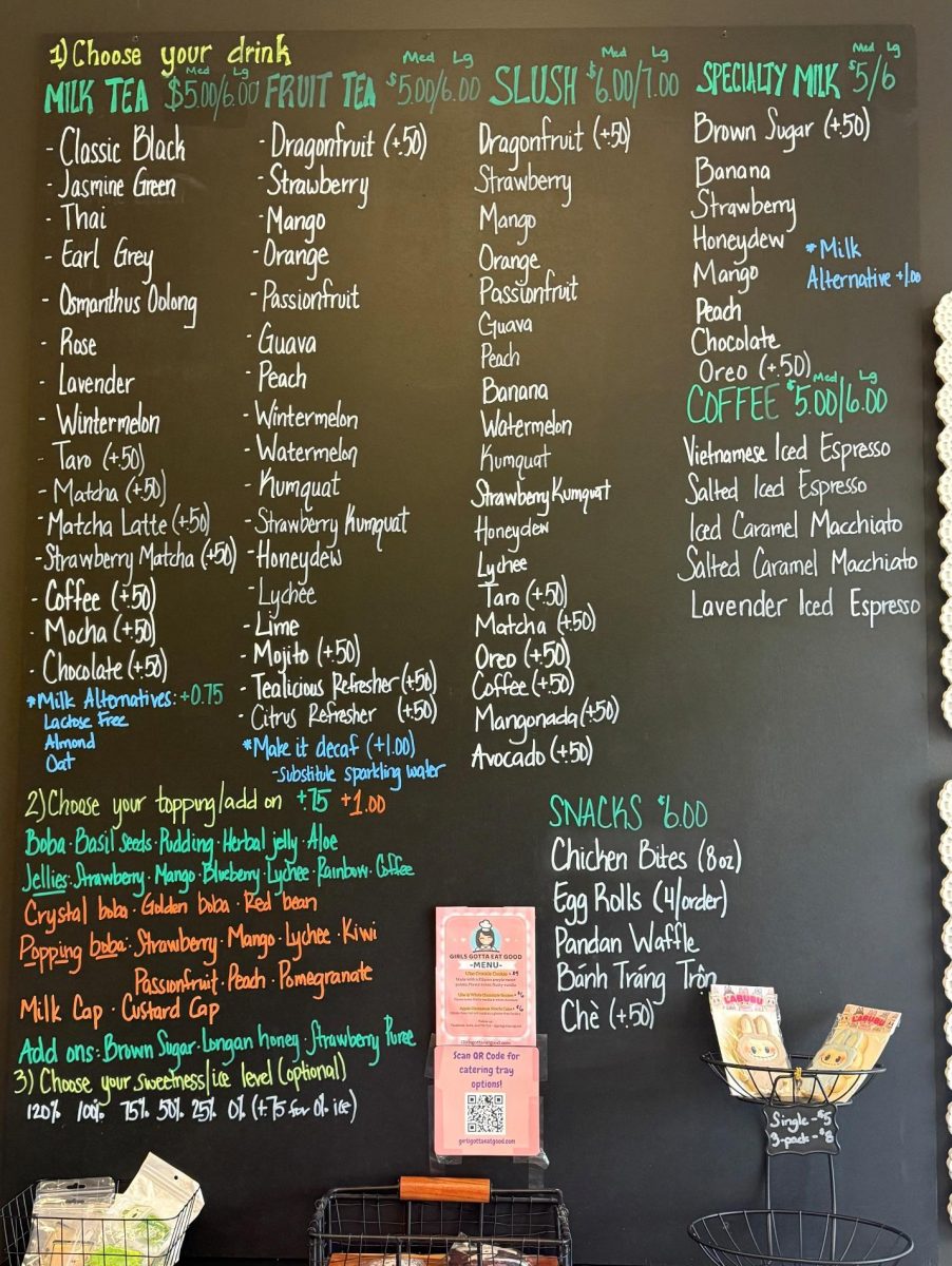 Tealicious's menu with various drinks, flavours, toppings, and snacks to choose from.