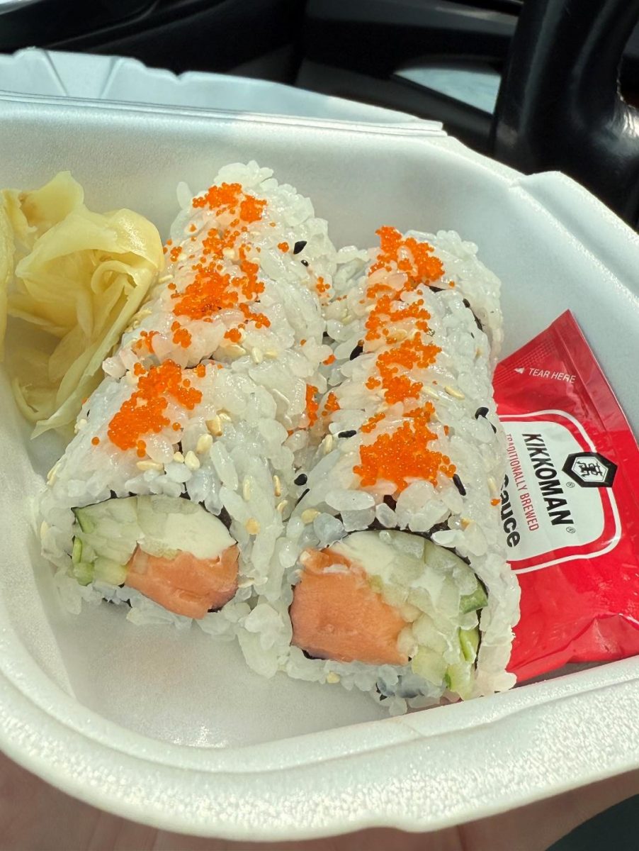 Sushi in a to-go container from Mikata Japanese Grill