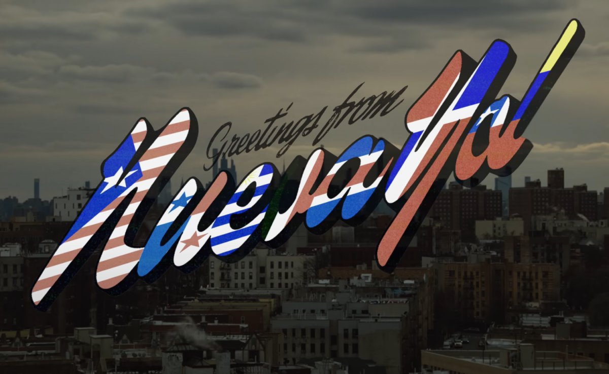 A skyline from New York City with words that read "Greetings from Nueva Yol"