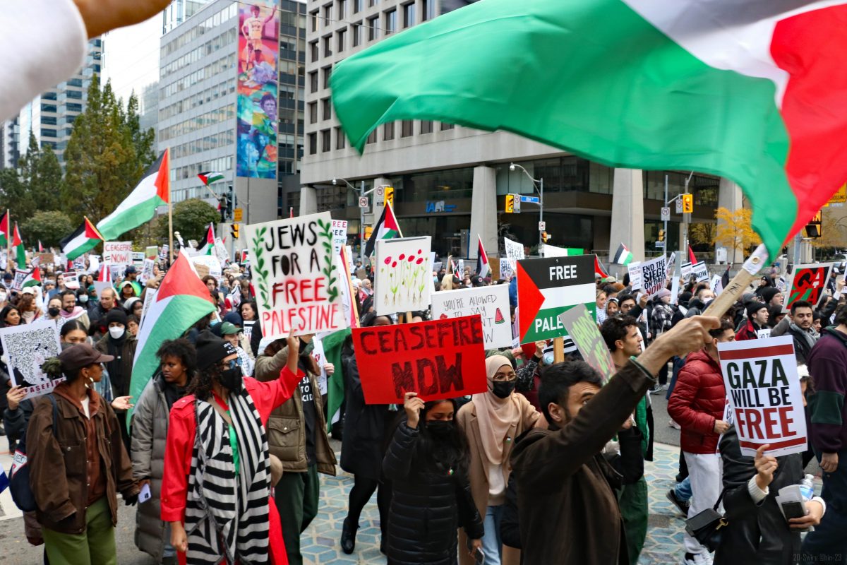 A group of protestors with red and green Pro-Palestinian signs.