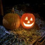 Two pumpkins placed on the ground in an old flowerbed at nighttime. One is carved like a classic Jack-o’-lantern and the other is not carved.