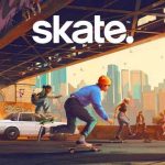 Skateboarders on the road below a bridge with the text "Skate." above them.