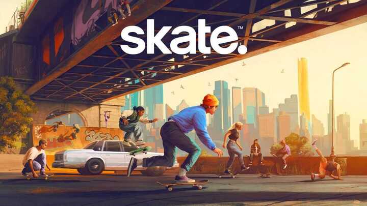 Skateboarders on the road below a bridge with the text "Skate." above them.
