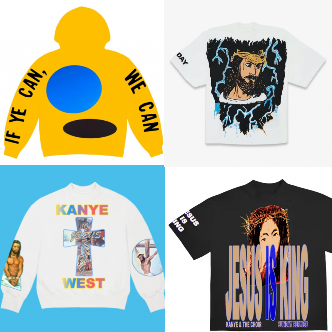 Jesus Is King merch by Kanye West. One is a hoodie, one is a long sleeve shirt, and two are short sleeve shirts.