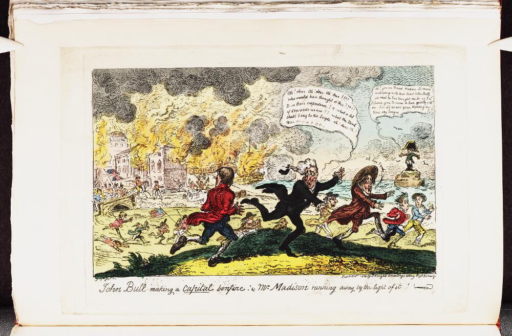 A cartoon depicting the burning of the White House in 1814, with James Madison and his cabinet fleeing
