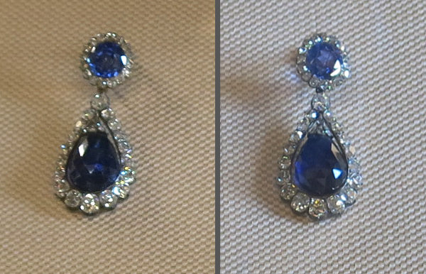 Two sapphire earrings.