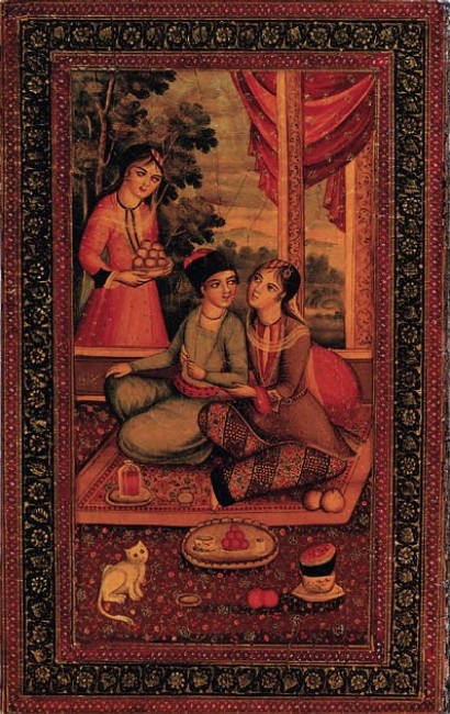 Two Persian lovers are intertwined, surrounded by tea, snacks, a cat, and a woman carrying a bag of fruit.