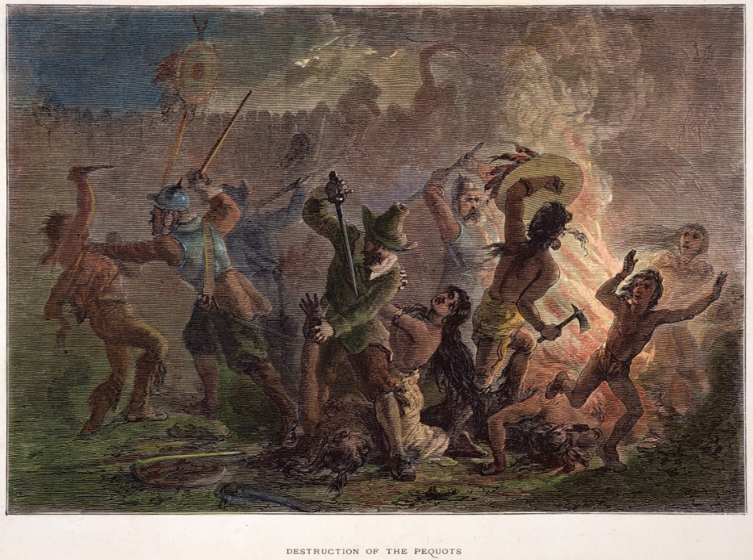 A painted scene depicting European soldiers and native warriors battling, with fireburning nearby