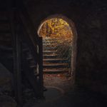 A room with two stairways.