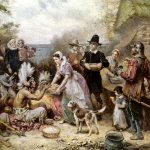 A painting depicting the popular scene of the “First Thanksgiving”