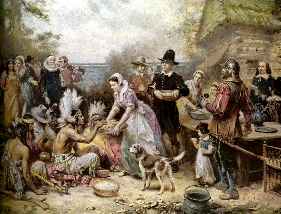 A painting depicting the popular scene of the “First Thanksgiving”