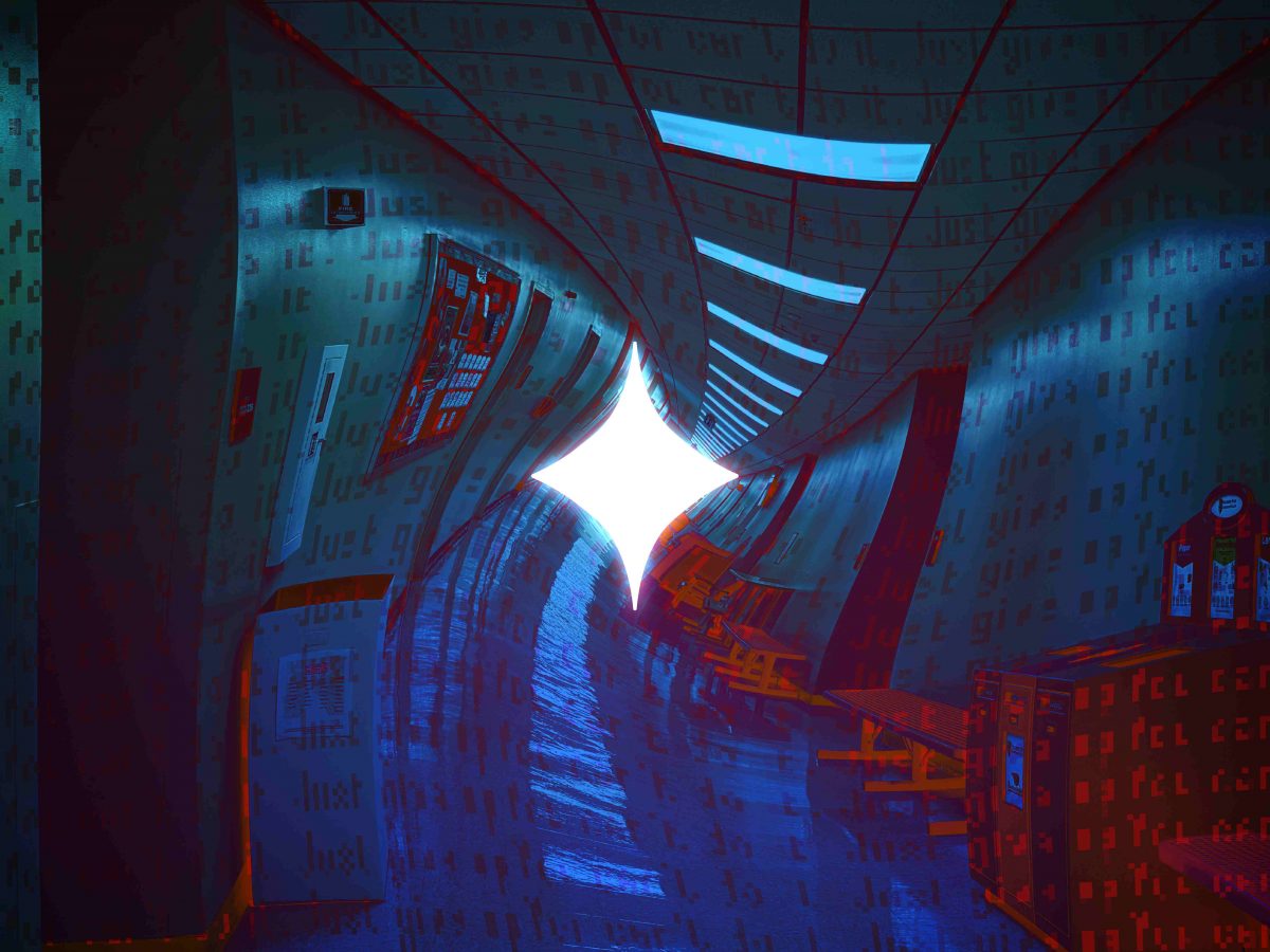 A hallway with an effect to make the floors, ceiling, and walls to appear wavy.