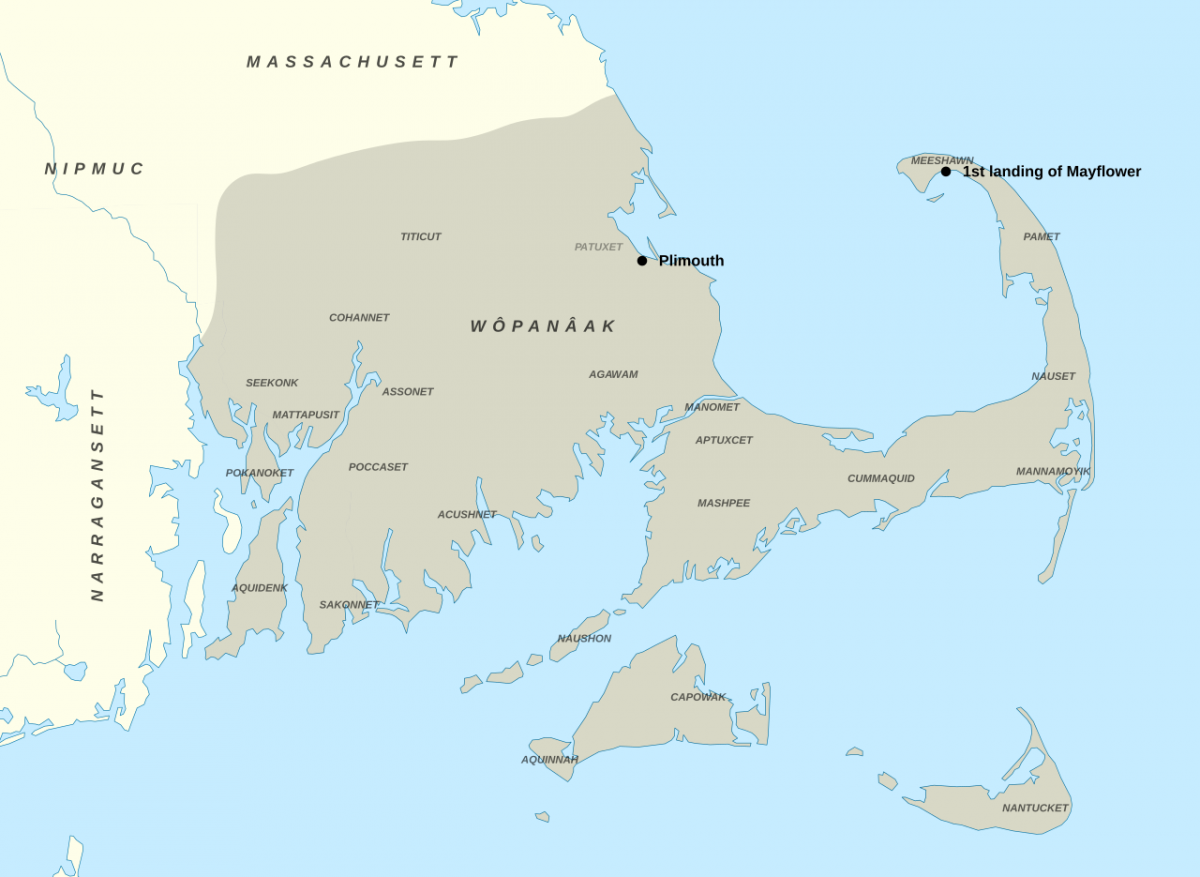 A map of Cape Cod, with most of the area filled in showing Wampanoag settlement and markers for the First landing site of the Mayflower and the settlement of Plymouth