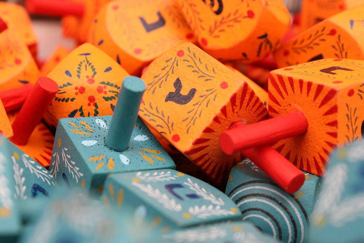 Several colorful dreidels
