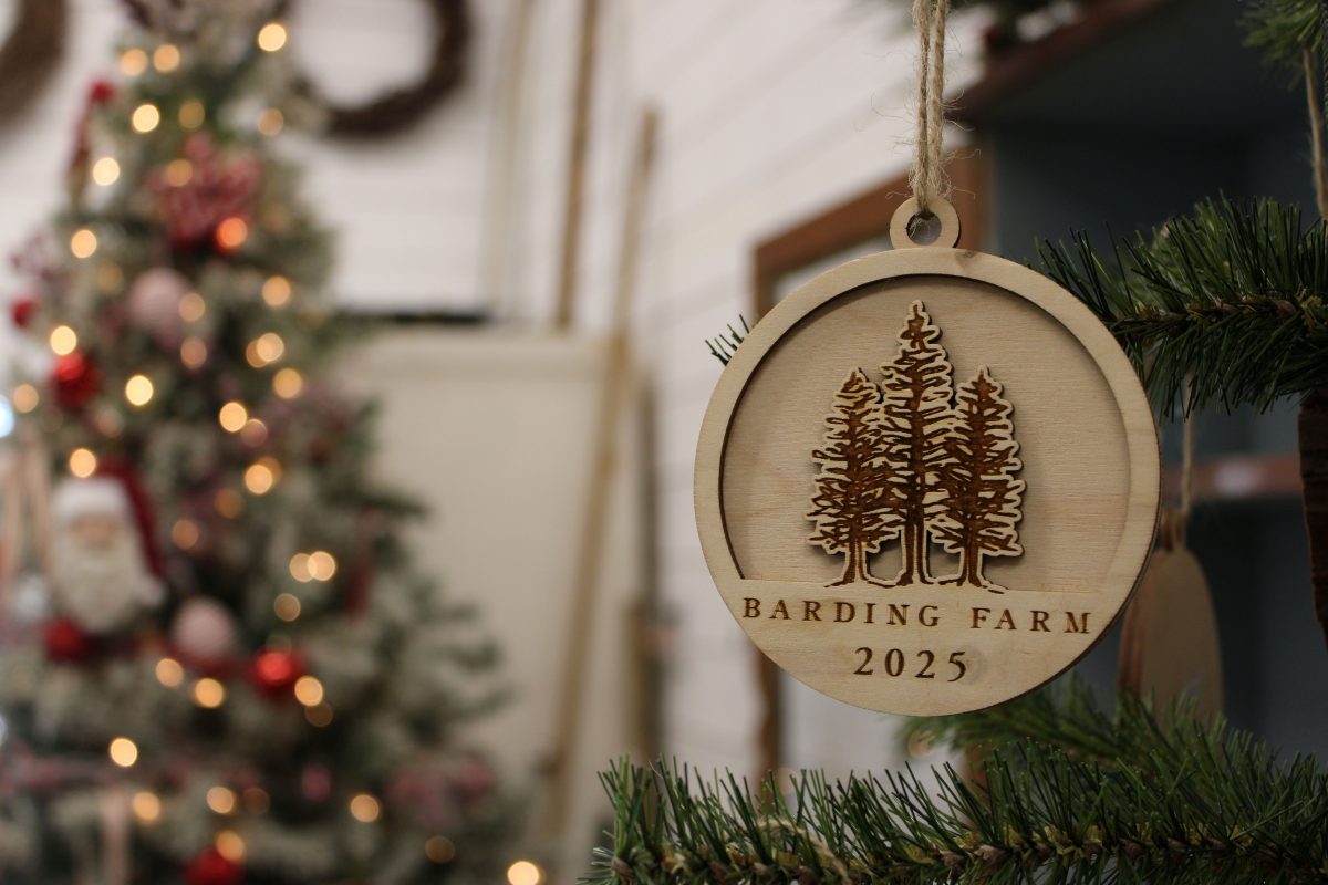 a wood carved ornament on a Christmas tree that reads "Barding Farm 2025"