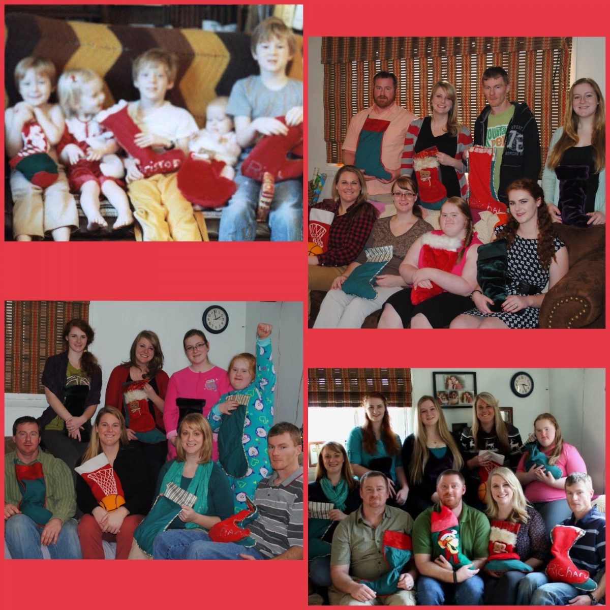 Members of the Rose family holding Christmas stockings.
