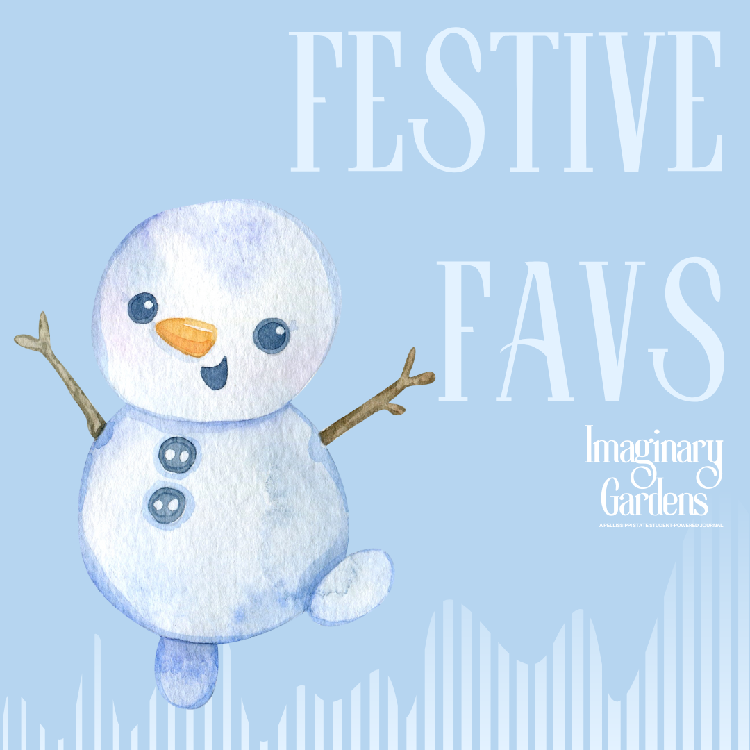 A snowman on a blue background with the words "Festive Favs" in the background