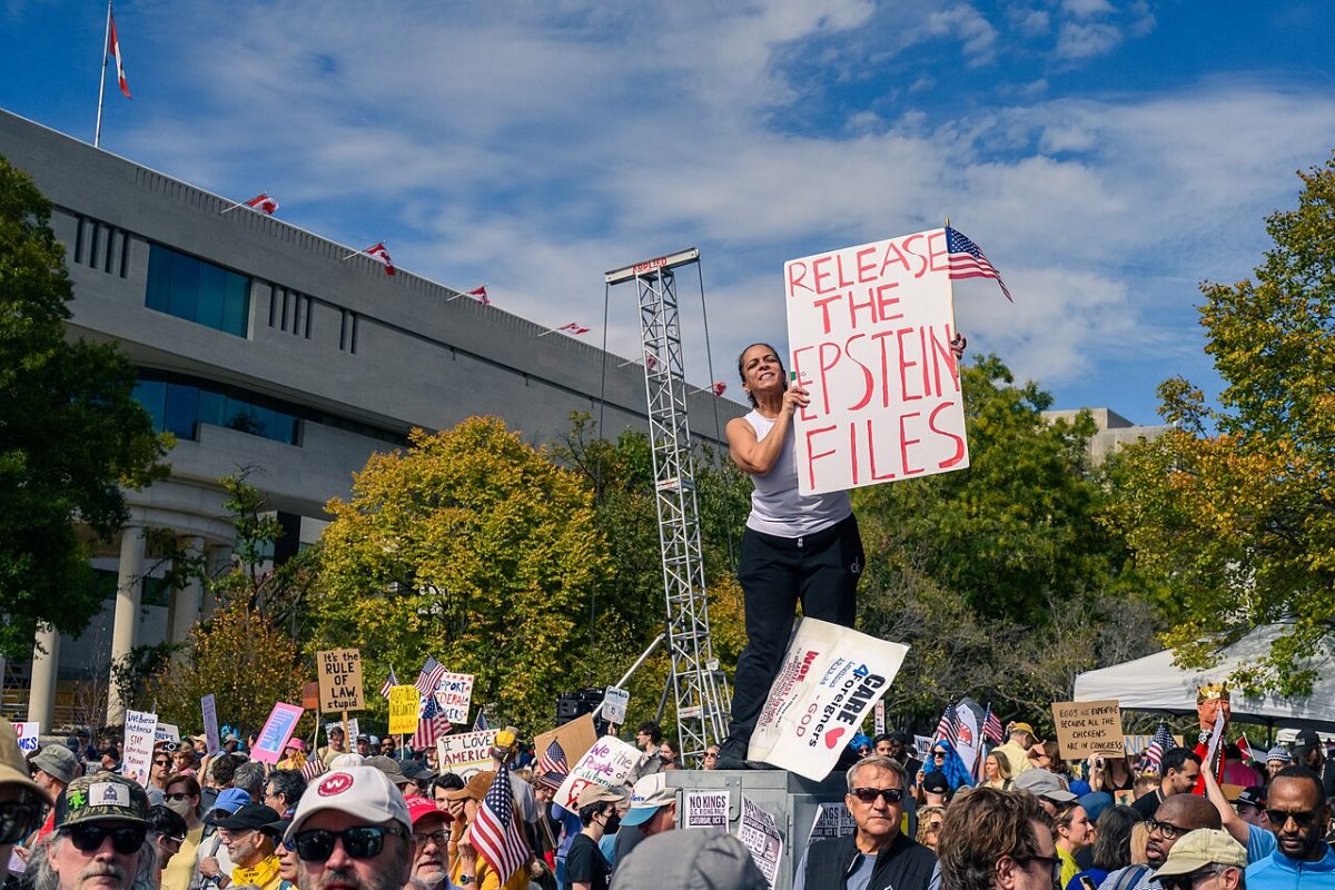 A group of protestors outside the Canadian Embassy in D.C., with a prominent sign reading “Release the Epstein Files”.