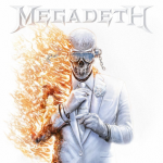 Megadeth's mascot Vic Rattlehead wearing a white suit on fire.