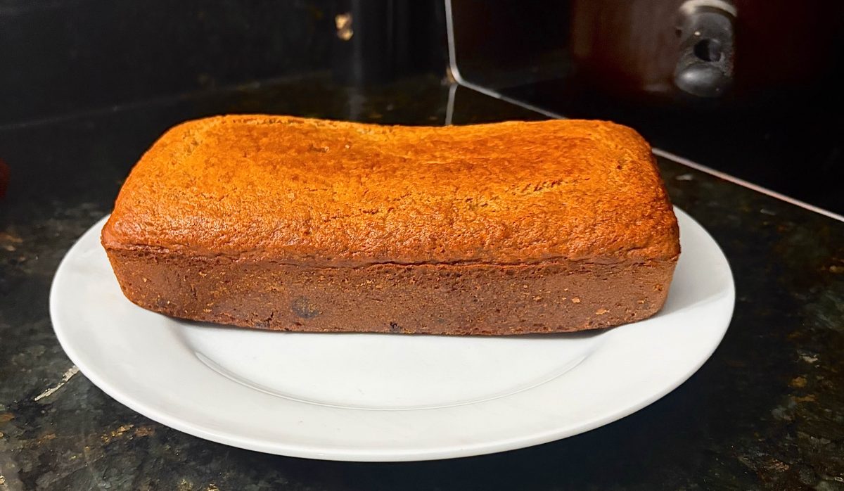 Banana bread on a white plate.