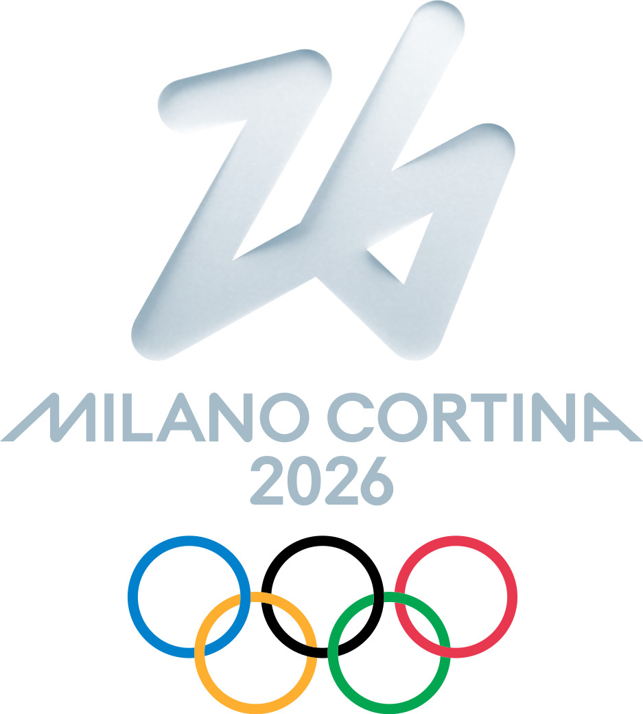 The number 26 as if drawn in the snow, with the words “Milano Cortina 2026” underneath, followed by the five Olympic rings