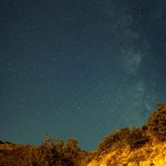 A dirt road surrounded by trees and rocks. The sky is dark and starry.