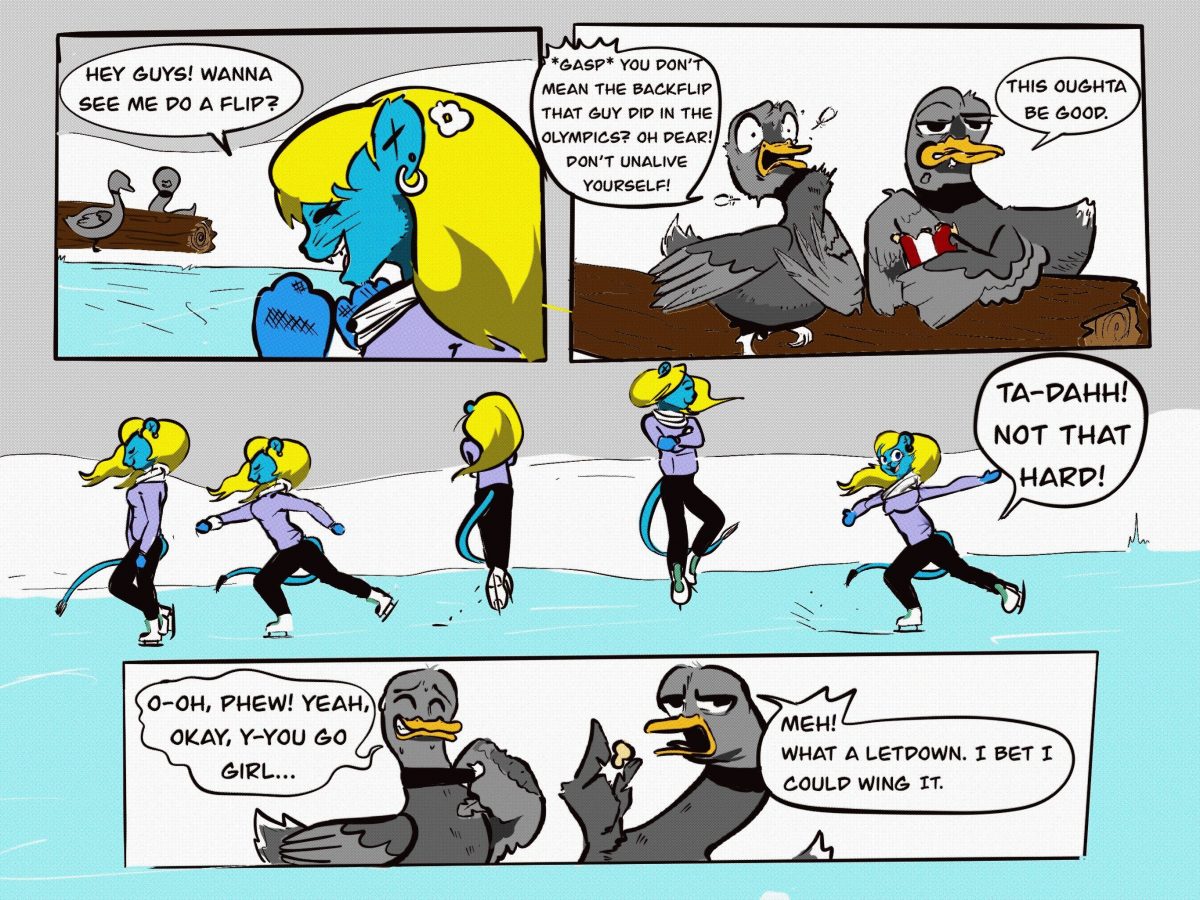 Cordia the Pantheress doing a twirl on ice skates while the geese watch