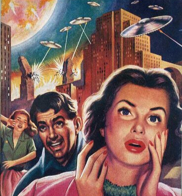 Three figures watch in shock as UFO's destroy city
