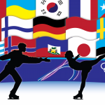 figure skaters outlines dancing on ice with country flags in the background