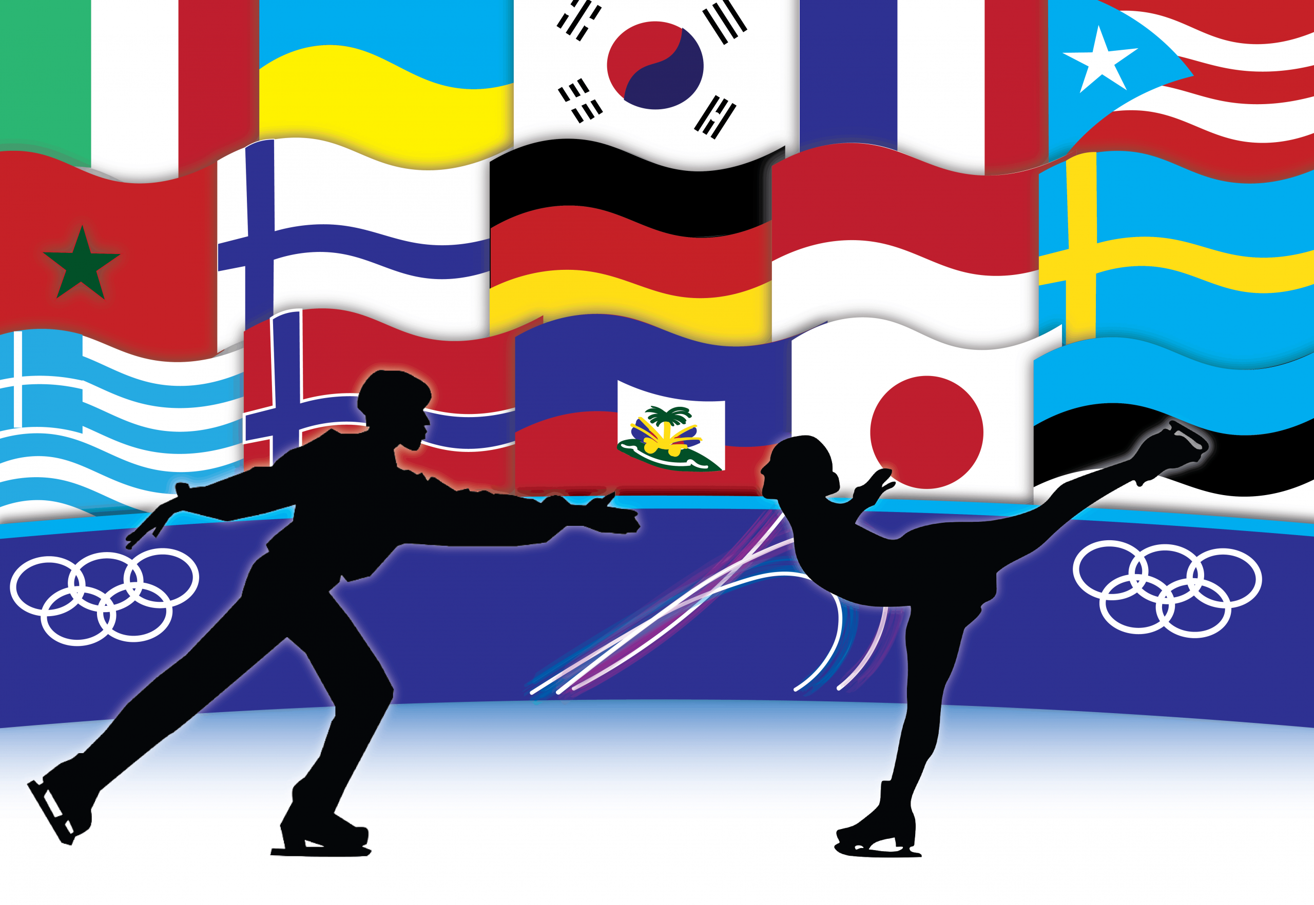 figure skaters outlines dancing on ice with country flags in the background