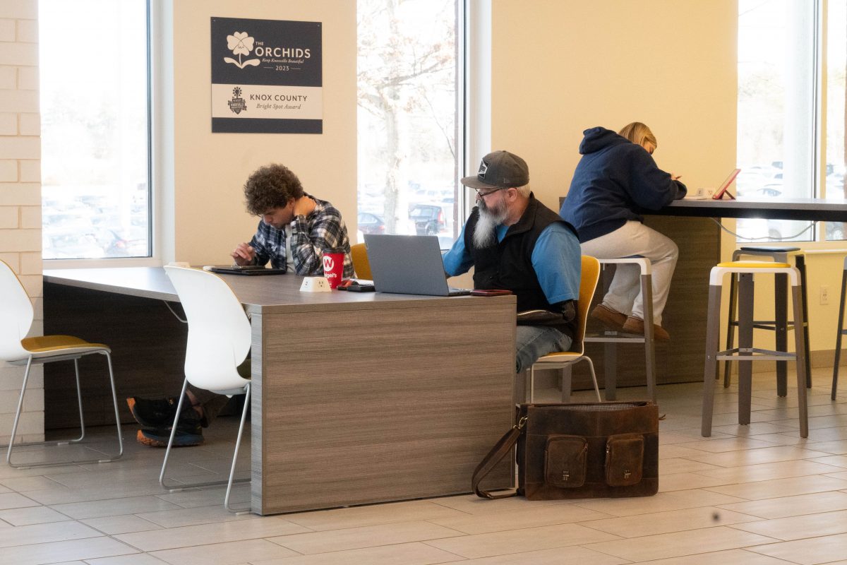 Inside the Bill Haslam Center, Pellissippi students focus on their work during a typical day on campus.
