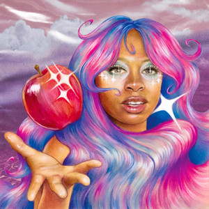 Art of Hemlocke Springs with pink and blue hair reaching out with an apple floating above her hand