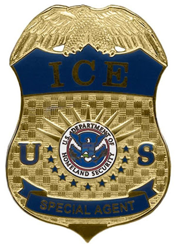 A gold badge with blue accents and says, “ICE, Special Agent, U.S. Department of Homeland Security.”