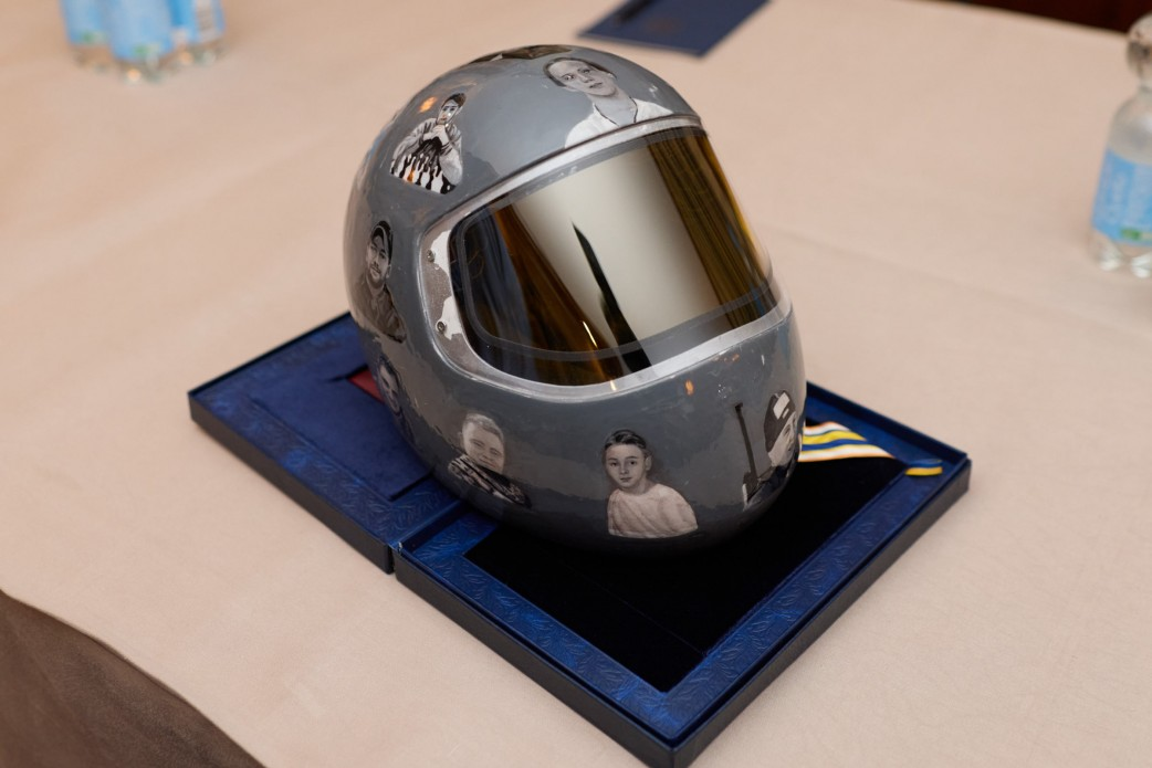 A helmet depicting Ukrainian athletes killed during Russia’s war on Ukraine