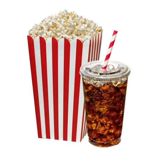 Popcorn in a box with a soda