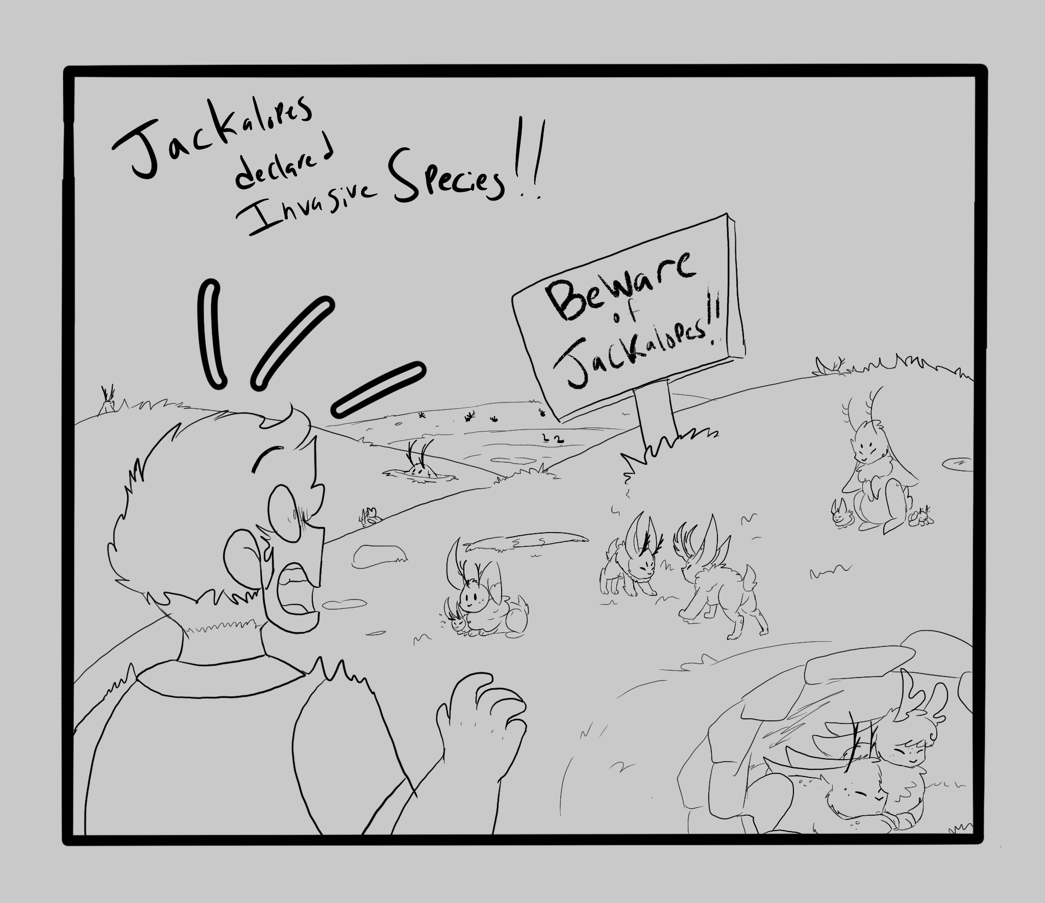 "Jackalopes declared invasive species!!" "Beware of Jackalopes!!"