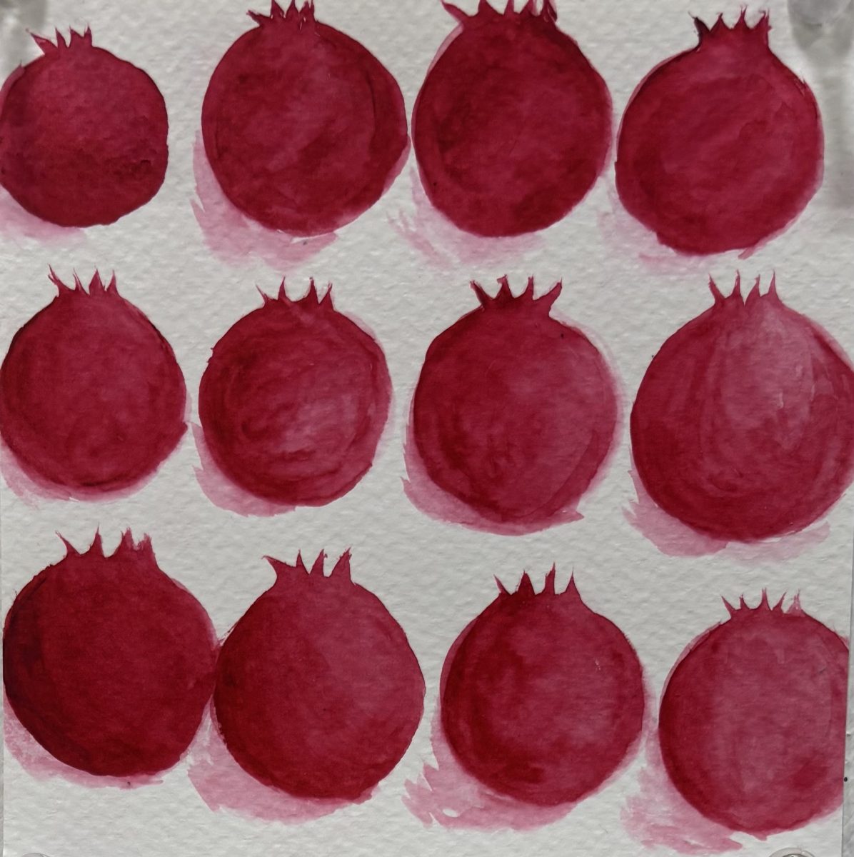 Three rows of four watercolor pomegranates
